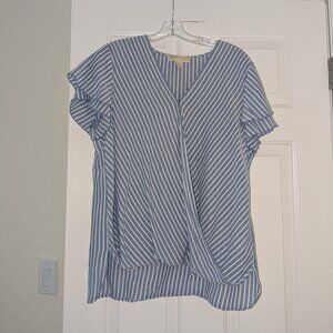 Michael Kors Striped Ruffle Sleeve V-Neck Blouse | Blue/White Cotton Blend M